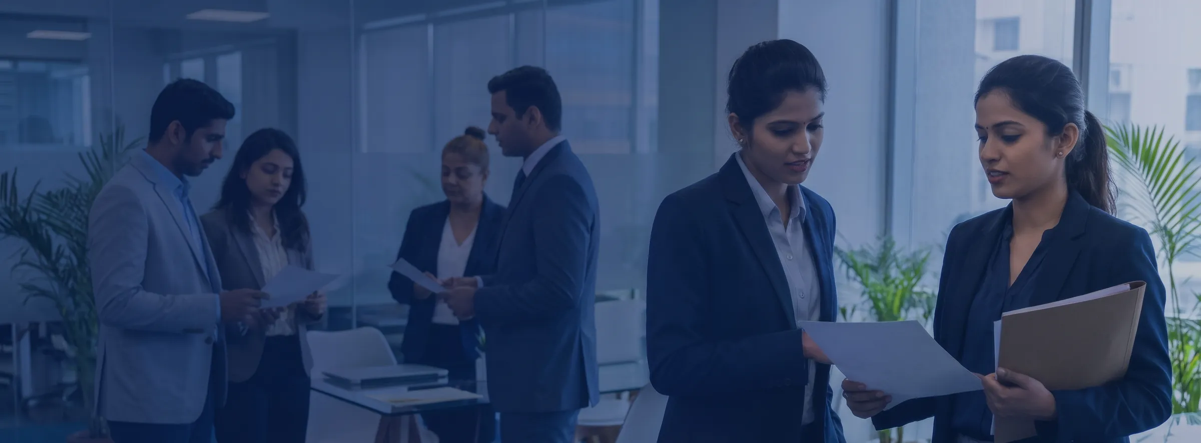 Business team reviewing documents together in a bright office