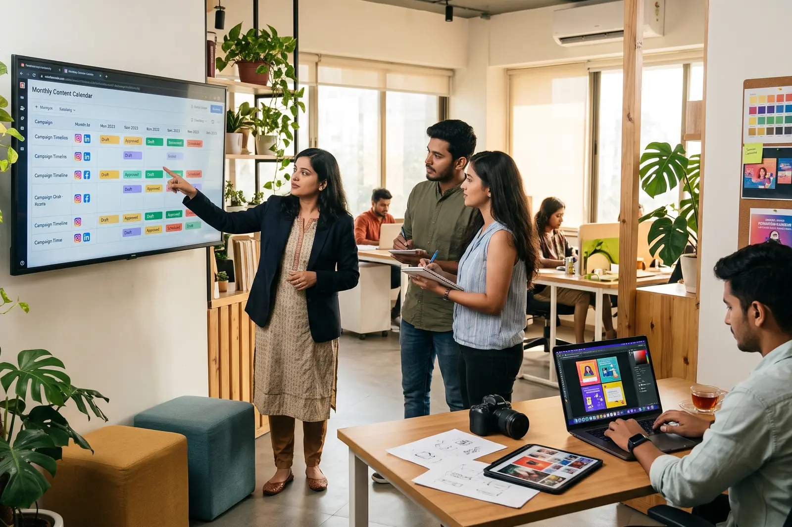Team reviewing a monthly content calendar on screen