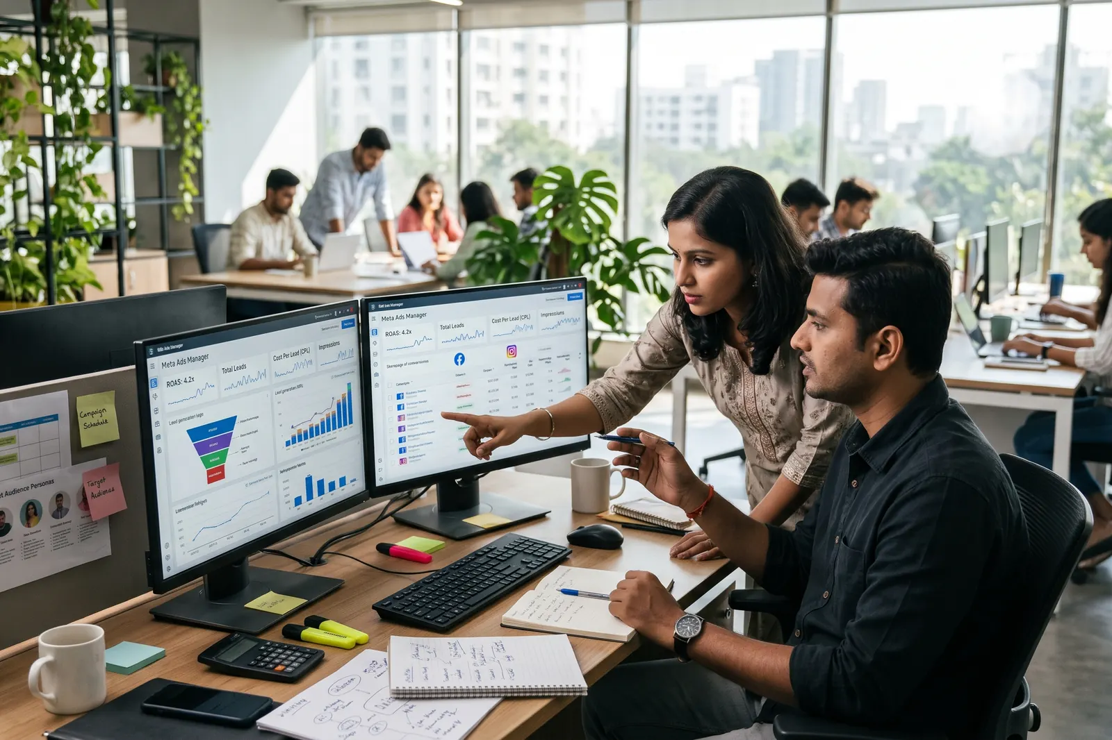 Team reviewing a Meta ads dashboard