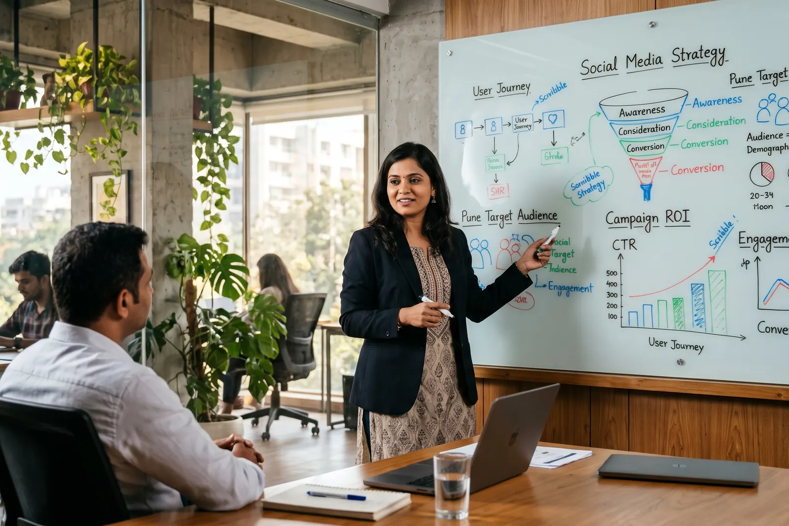 Strategist presenting a social media strategy on a whiteboard